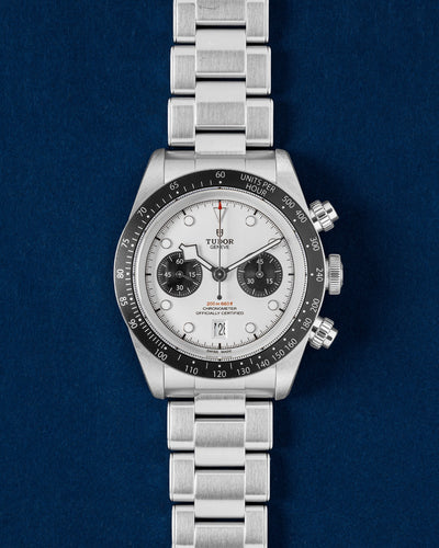 Tudor Black Bay Chrono watch featuring an opaline white panda dial contrasting black sub-dials and a black tachymeter bezel