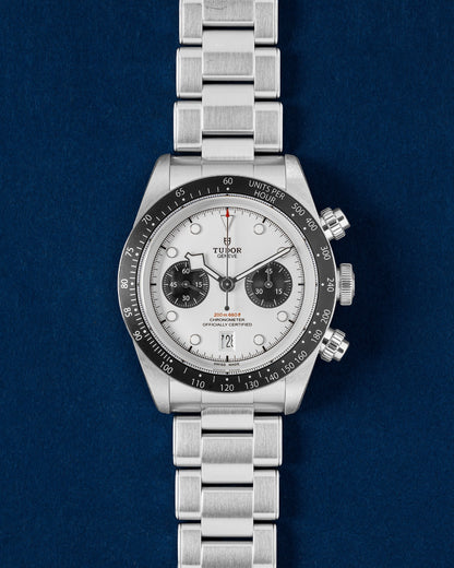 Tudor Black Bay Chrono watch featuring an opaline white panda dial contrasting black sub-dials and a black tachymeter bezel