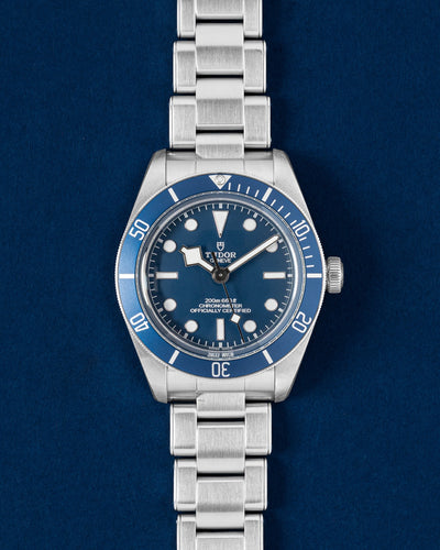 Pre-owned 2025 Tudor Black Bay Fifty-Eight Blue 39mm watch M79030B-0001 on a stainless steel rivet bracelet at Grand Caliber Dallas