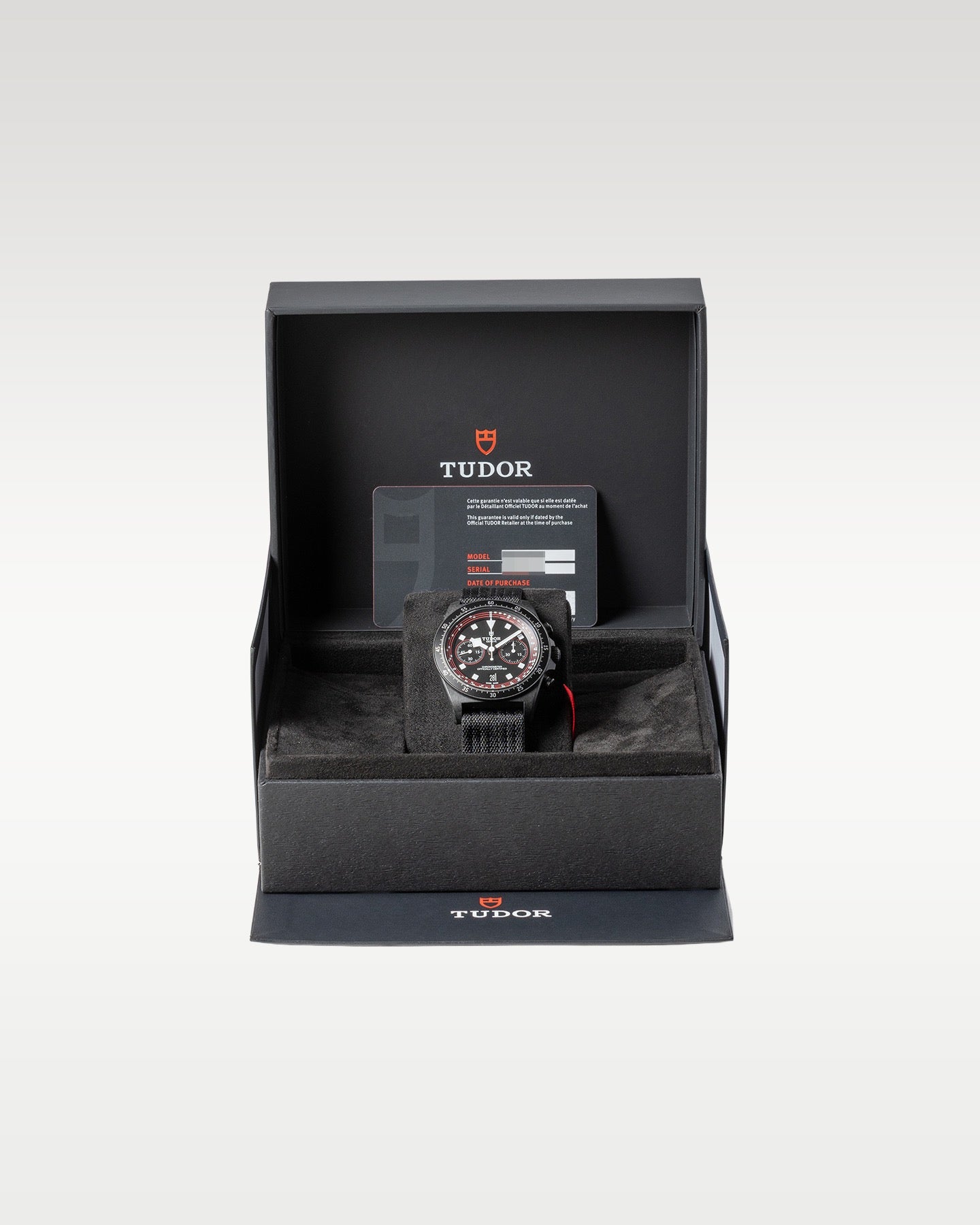 open black textured Tudor presentation watch box securely displaying a carbon composite Pelagos FXD Chrono watch inside