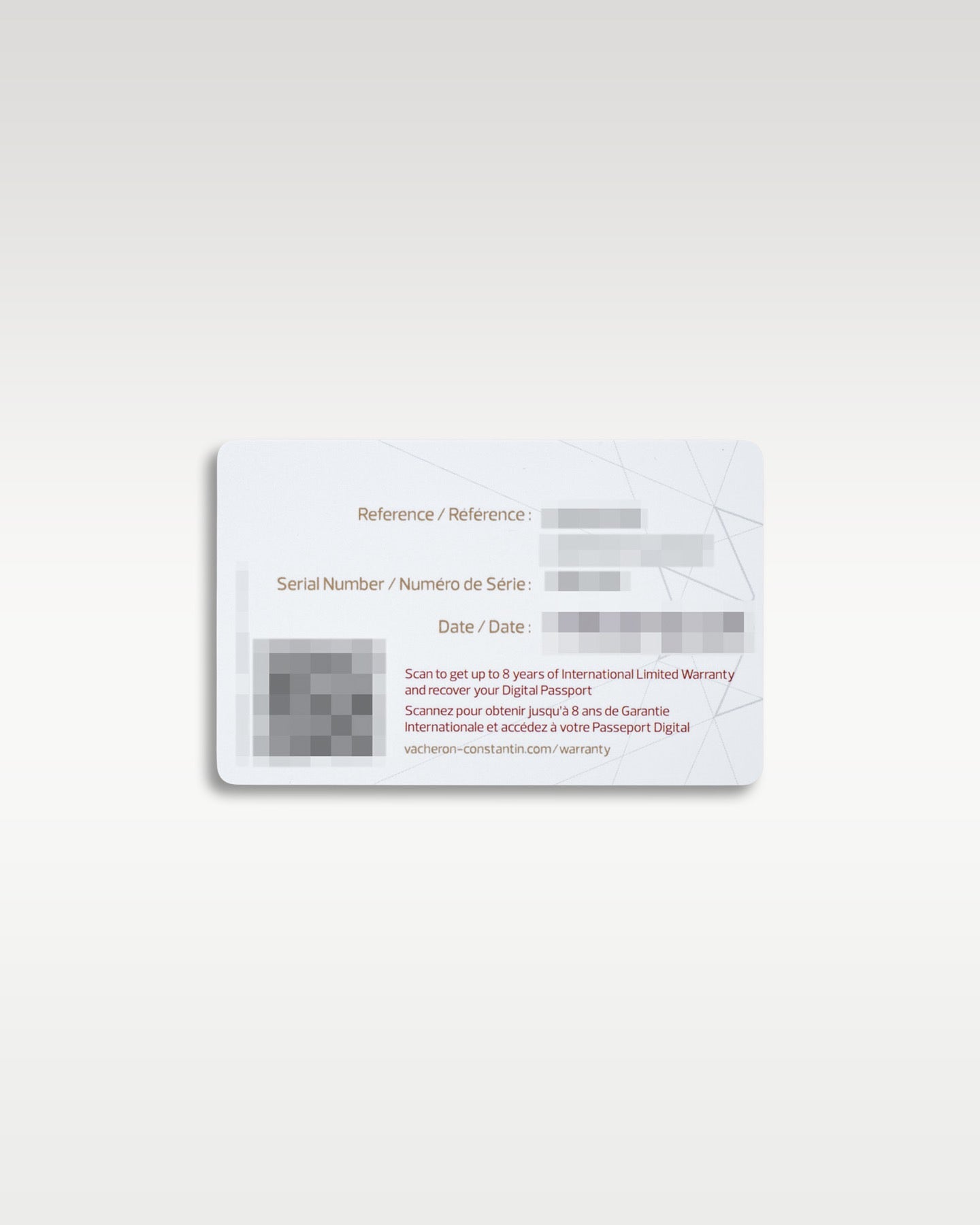 official modern white Vacheron Constantin international warranty certificate card reflecting the reference numbers