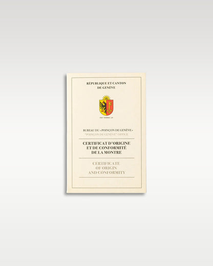 cream-colored Poinçon de Genève Geneva Seal certificate of origin document with a red and yellow heraldic crest