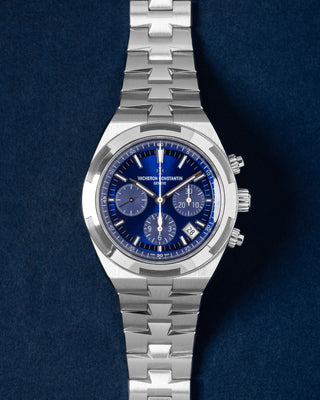 42.5mm Stainless Steel Vacheron Blue Dial Constantin Overseas Chronograph 5520V Watch at Grand Caliber