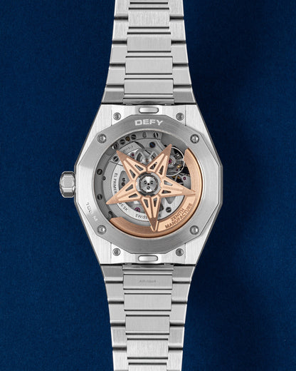 Sapphire exhibition caseback showing the star-shaped oscillating weight rotor of the El Primero high-frequency automatic movement