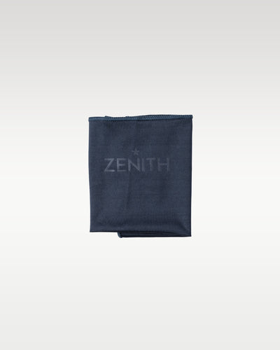 Official dark blue Zenith branded microfiber polishing cloth packaged with the watch