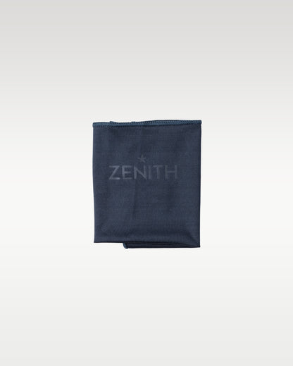 Official dark blue Zenith branded microfiber polishing cloth packaged with the watch