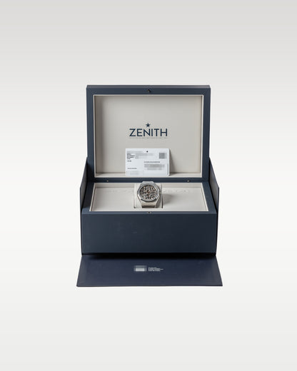 Brand new 2025 Zenith Defy Skyline Skeleton 03.9300.3620/80.I001 complete full set showing both straps and blue luxury presentation box