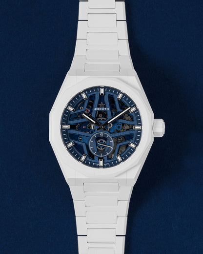 Brand new 2026 Zenith Defy Skyline Skeleton 41mm white ceramic luxury watch 49.9301.3620/79.I001 with blue openworked dial at Grand Caliber Dallas