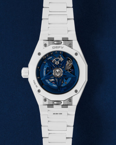Sapphire exhibition caseback showing the blue-finished bridges and star-shaped rotor of the high-frequency El Primero 3620 automatic calibre