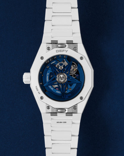 Sapphire exhibition caseback showing the blue-finished bridges and star-shaped rotor of the high-frequency El Primero 3620 automatic calibre