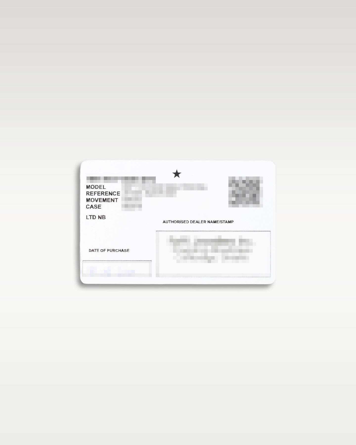 Official white Zenith international warranty activation card and certificate paper displaying registration details