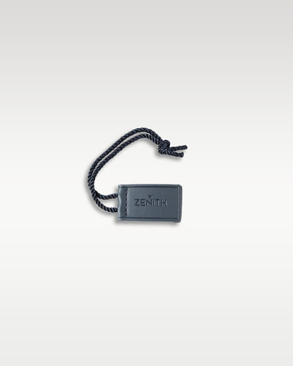 Official rectangular black plastic Zenith brand retail price and serial hang tag with cord