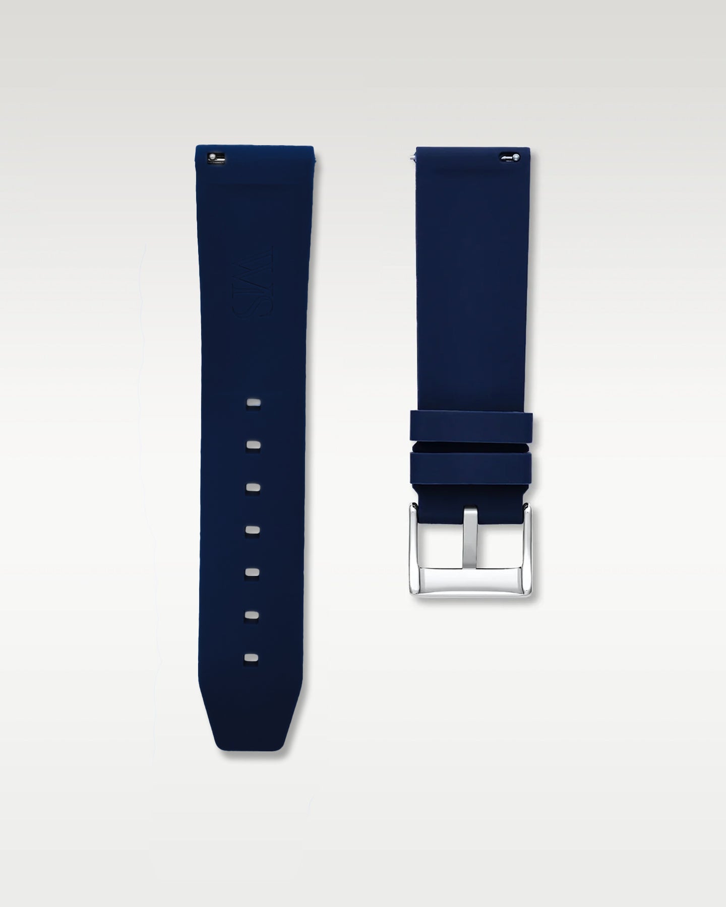 Backside of WISSTRAPS 24mm Marine Blue quick release rubber watch strap featuring a straight lug fit and brushed stainless steel buckle