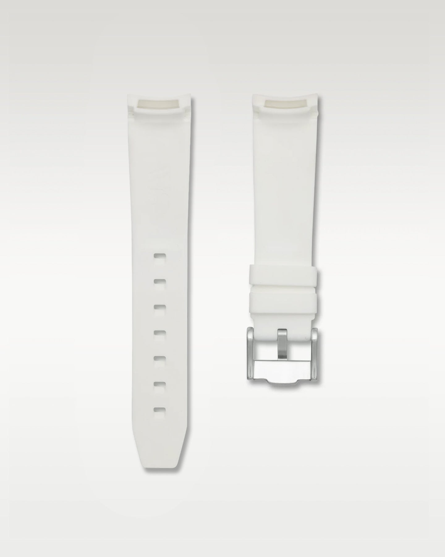 Rear view of WISSTRAPS 21mm Polar White integrated curved end rubber watch strap at Grand Caliber