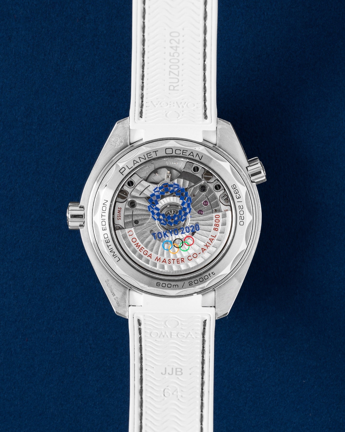 Sapphire crystal caseback featuring the printed Tokyo 2020 Olympic Games logo over the automatic Calibre 8800 movement on a limited edition Omega watch