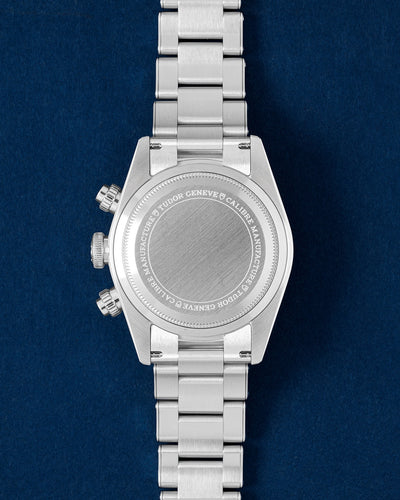 The solid satin-finished stainless steel screw-down caseback on a Tudor Black Bay Chronograph