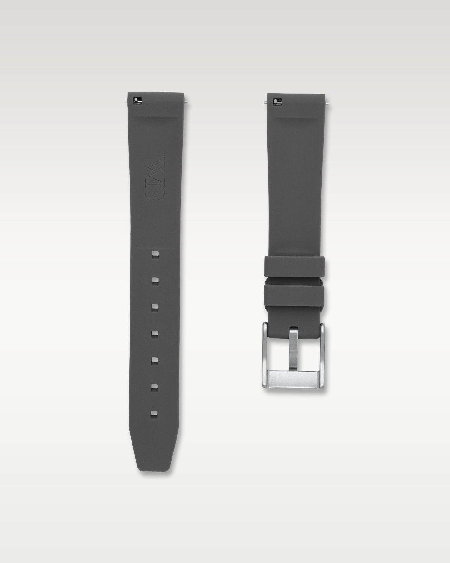 Underside view of WISSTRAPS 18mm charcoal grey quick release rubber watch strap showing logo and quick-release spring bars