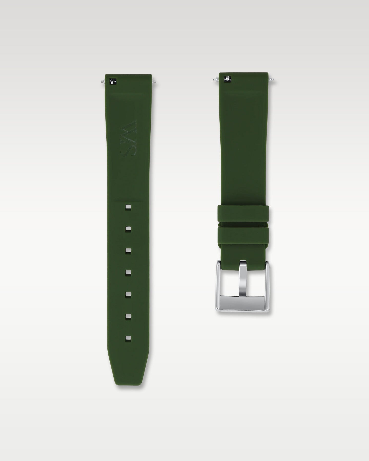 Underside view of WISSTRAPS 18mm forest green quick release rubber watch strap showing logo and quick-release spring bars