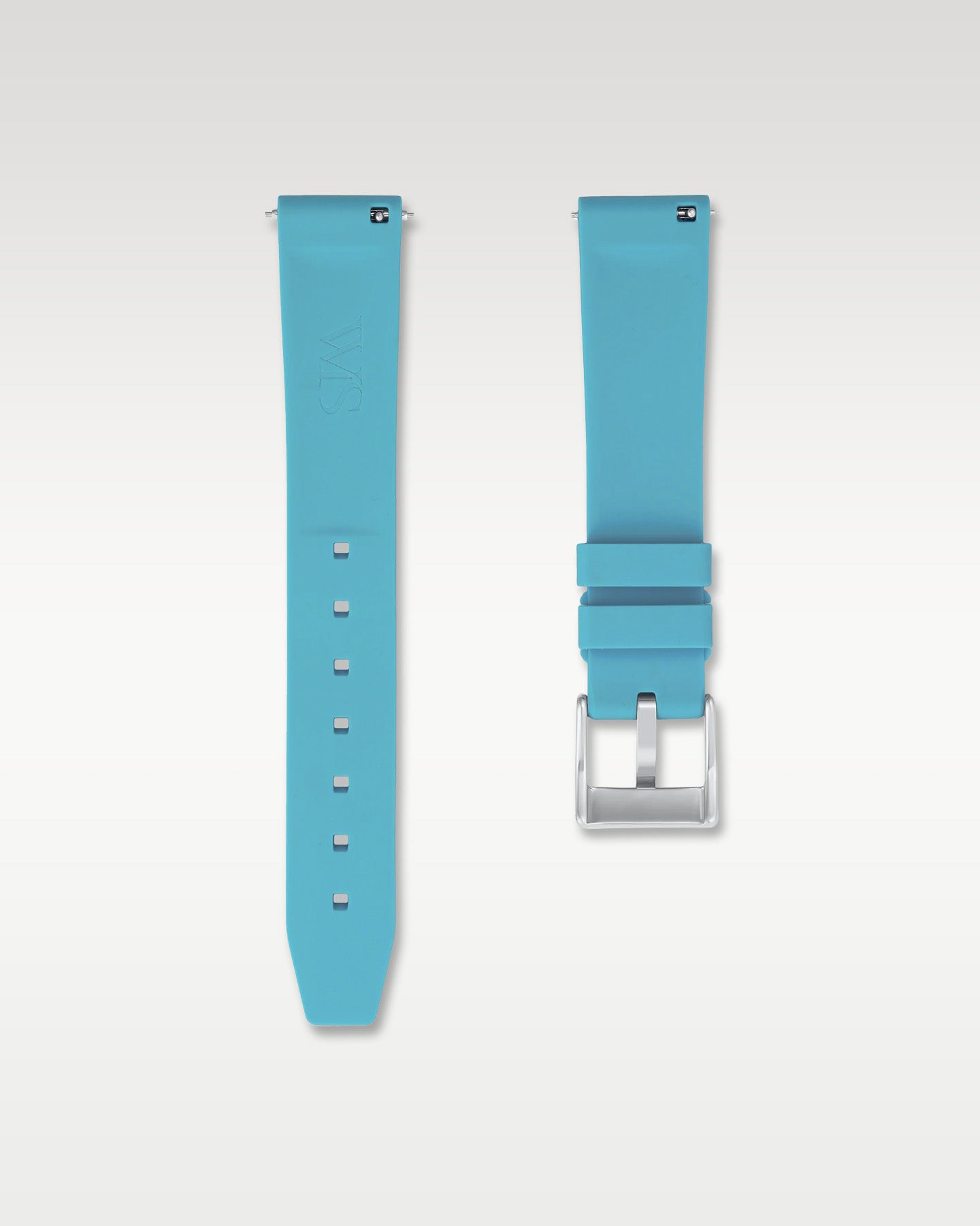 Underside view of WISSTRAPS 18mm miami blue quick release rubber watch strap showing logo and quick-release spring bars