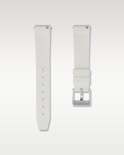 Underside view of WISSTRAPS 18mm polar white quick release rubber watch strap showing logo and quick-release spring bars