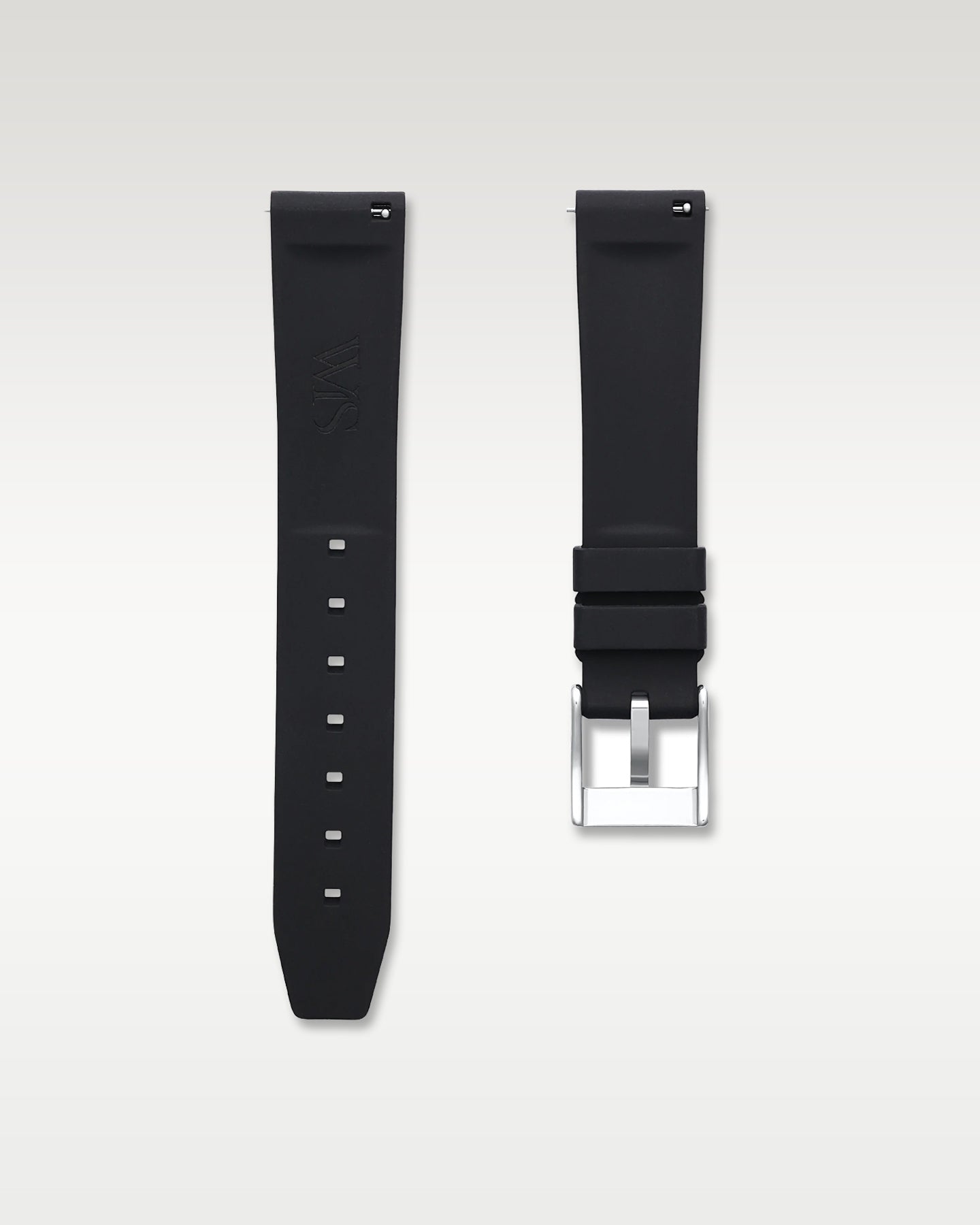 Underside view of WISSTRAPS 18mm tuxedo black quick release rubber watch strap showing logo and quick-release spring bars