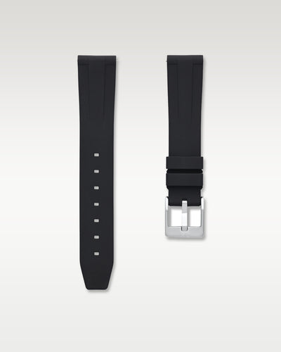WISSTRAPS 18mm tuxedo black quick release rubber watch strap with brushed steel buckle front view