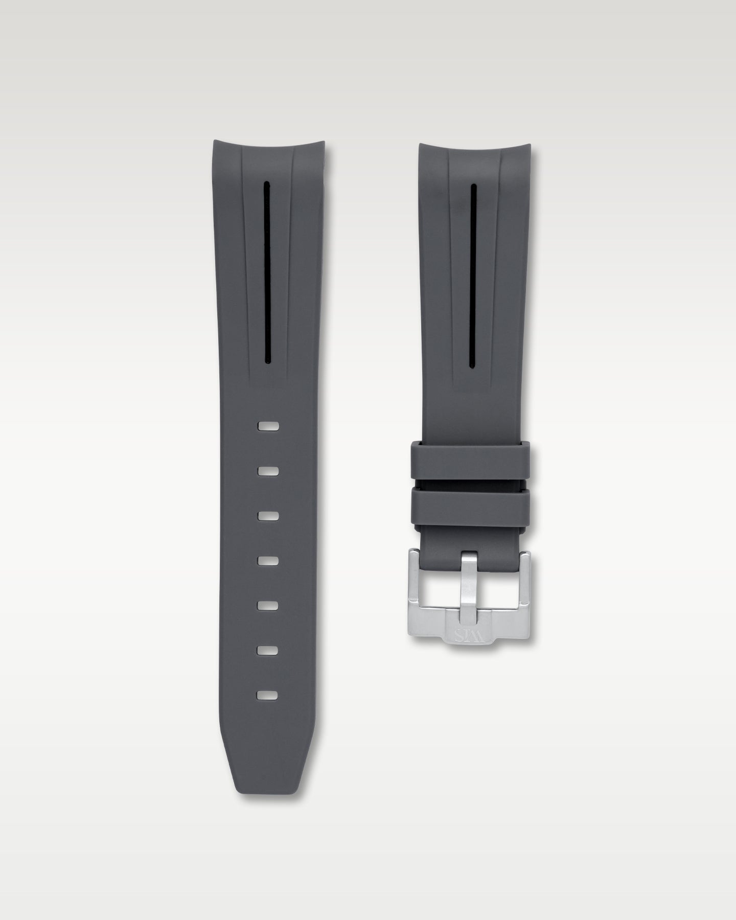 WISSTRAPS 20mm Charcoal Grey curved end rubber watch strap with black stripe and brushed silver buckle