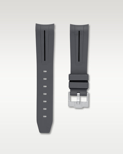 WISSTRAPS 20mm Charcoal Grey curved end rubber watch strap with black stripe and brushed silver buckle