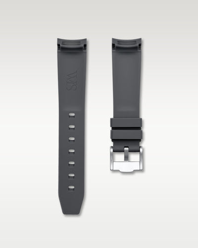 Full view of WISSTRAPS 20mm integrated curved end rubber watch strap in grey with black center stripe