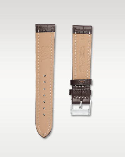 Underside view of WISSTRAPS 20mm Chocolate Brown alligator leather strap showing tan leather lining and WIS engraved buckle