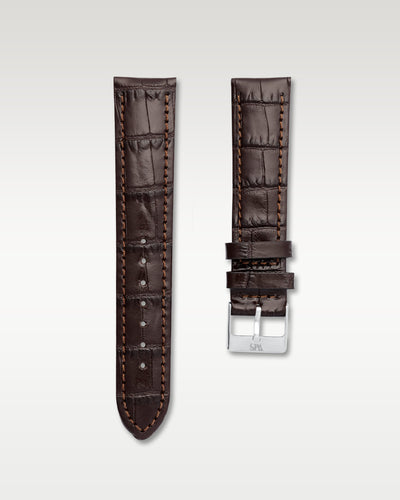WISSTRAPS 20mm Chocolate Brown Italian calf leather alligator grain watch strap with engraved brushed silver buckle