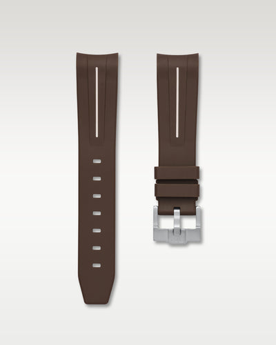 WISSTRAPS 20mm Espresso Brown curved end rubber watch strap with white stripe and brushed silver buckle