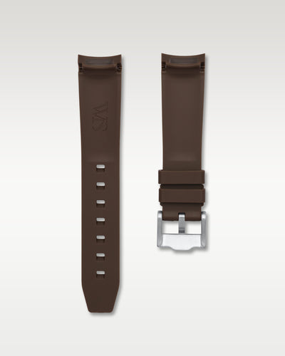 Full view of WISSTRAPS 20mm integrated curved end rubber watch strap in brown with white center stripe