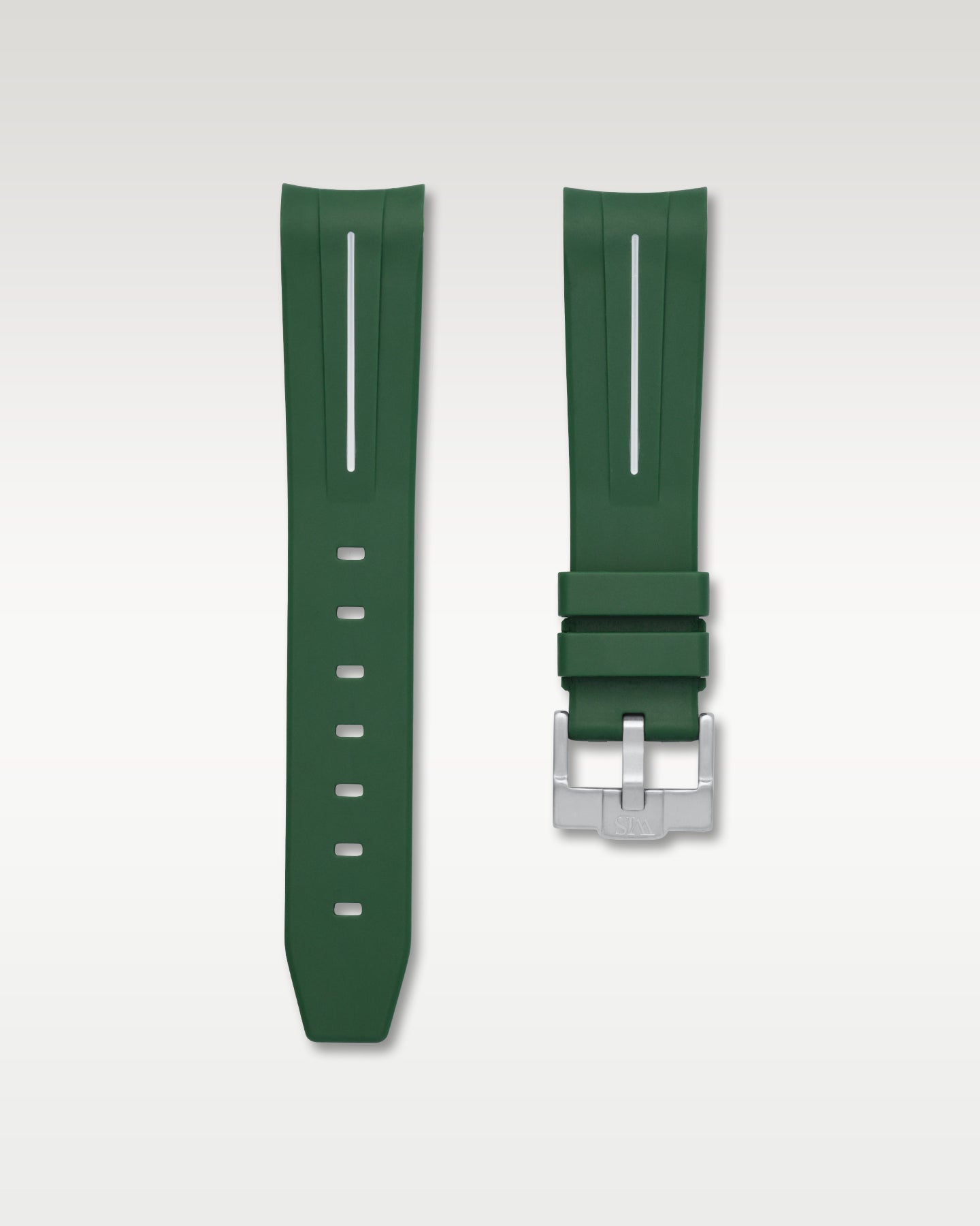 WISSTRAPS 20mm Forest Green curved end rubber watch strap with white stripe and brushed silver buckle