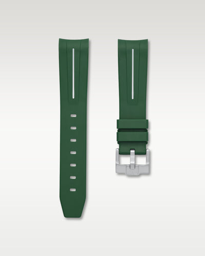 WISSTRAPS 20mm Forest Green curved end rubber watch strap with white stripe and brushed silver buckle