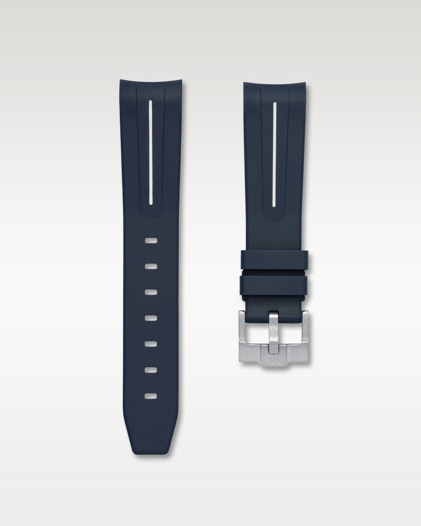 WISSTRAPS 20mm Marine Blue curved end rubber watch strap with white stripe and brushed silver buckle