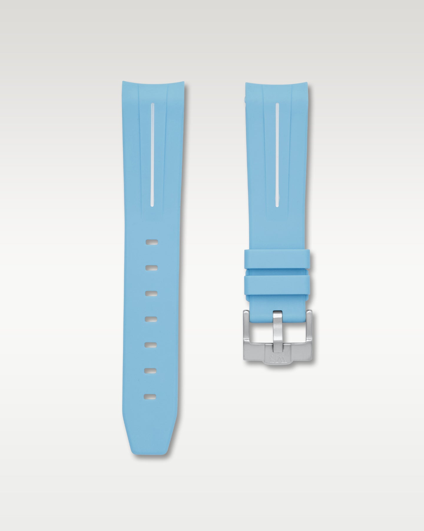 WISSTRAPS 20mm Miami Blue curved end rubber watch strap with white stripe and brushed silver buckle