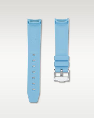 Full view of WISSTRAPS 20mm integrated curved end rubber watch strap in blue with white center stripe