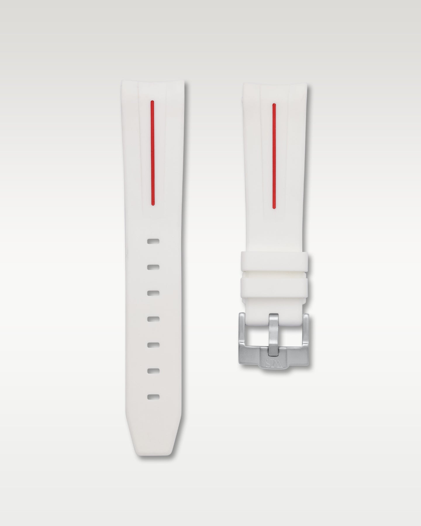 WISSTRAPS 20mm Polar White curved end rubber watch strap with red stripe and brushed silver buckle