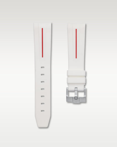 WISSTRAPS 20mm Polar White curved end rubber watch strap with red stripe and brushed silver buckle