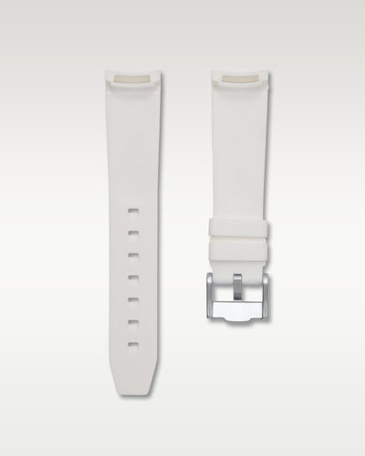 Full view of WISSTRAPS 20mm integrated curved end rubber watch strap in white with red center stripe