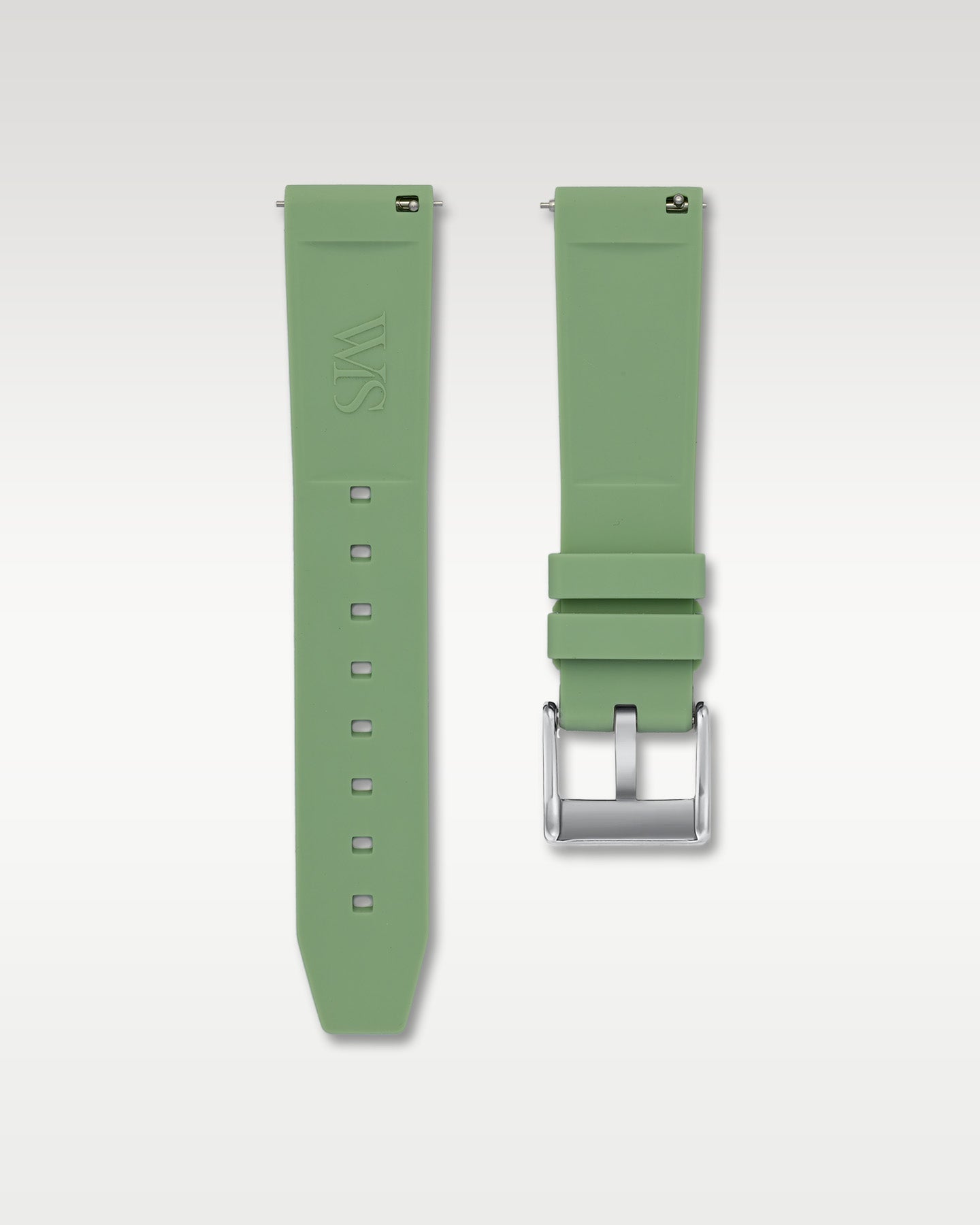 Underside view of 20mm WISSTRAPS sage green quick release rubber watch strap with quick-release spring bars