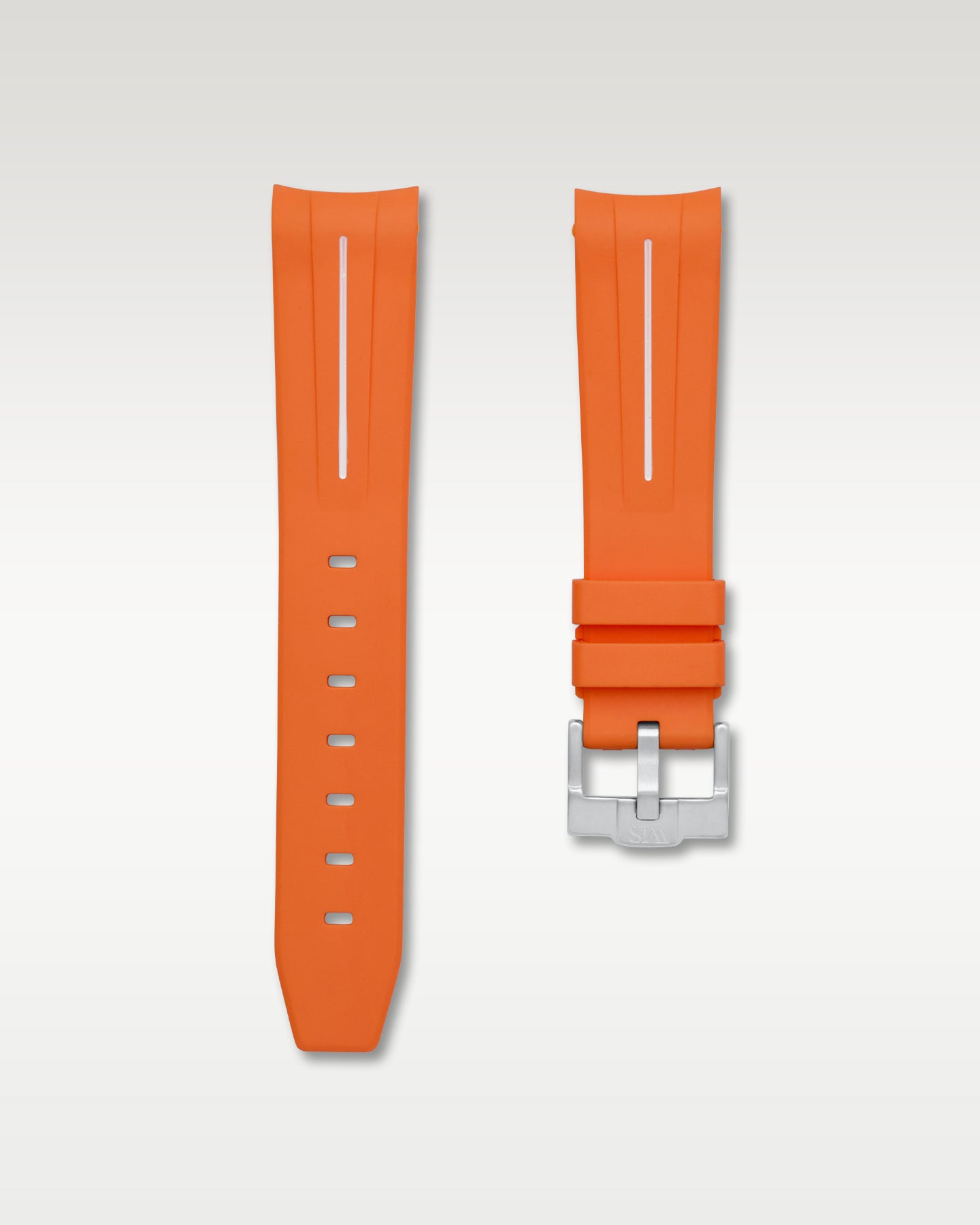 WISSTRAPS 20mm Tangerine Orange curved end rubber watch strap with white stripe and brushed silver buckle