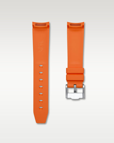Back view of WISSTRAPS 20mm integrated curved end rubber watch strap in orange with white center stripe
