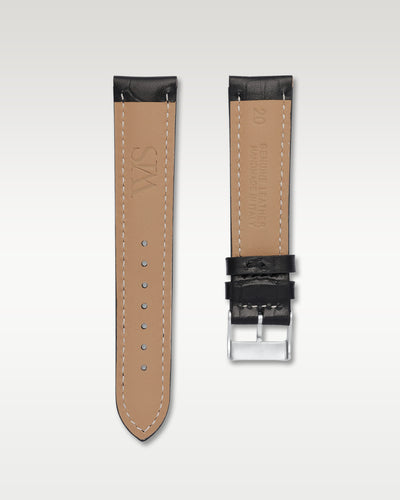Underside view of WISSTRAPS 20mm Tuxedo Black alligator leather strap showing tan leather lining and WIS engraved buckle