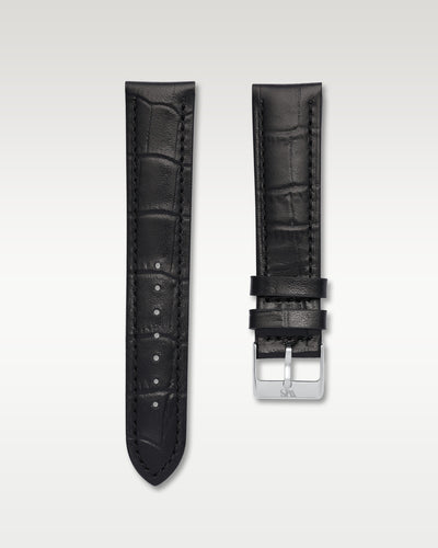 WISSTRAPS 20mm Tuxedo Black Italian calf leather alligator grain watch strap with engraved brushed silver buckle