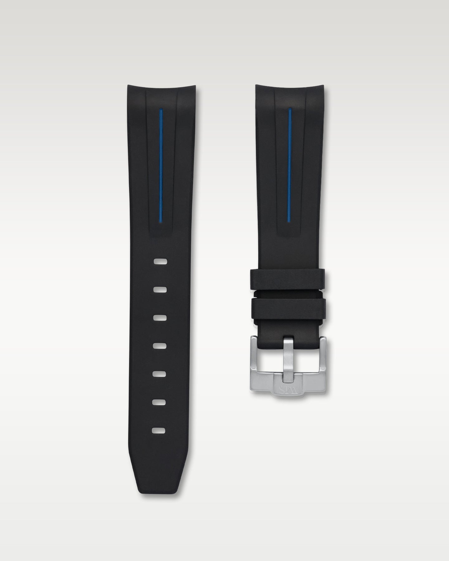 WISSTRAPS 20mm Tuxedo Black curved end rubber watch strap with blue stripe and brushed silver buckle