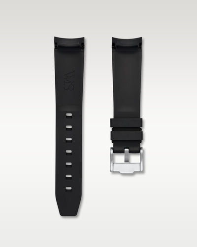Back view of WISSTRAPS 20mm integrated curved end rubber watch strap in black with blue center stripe