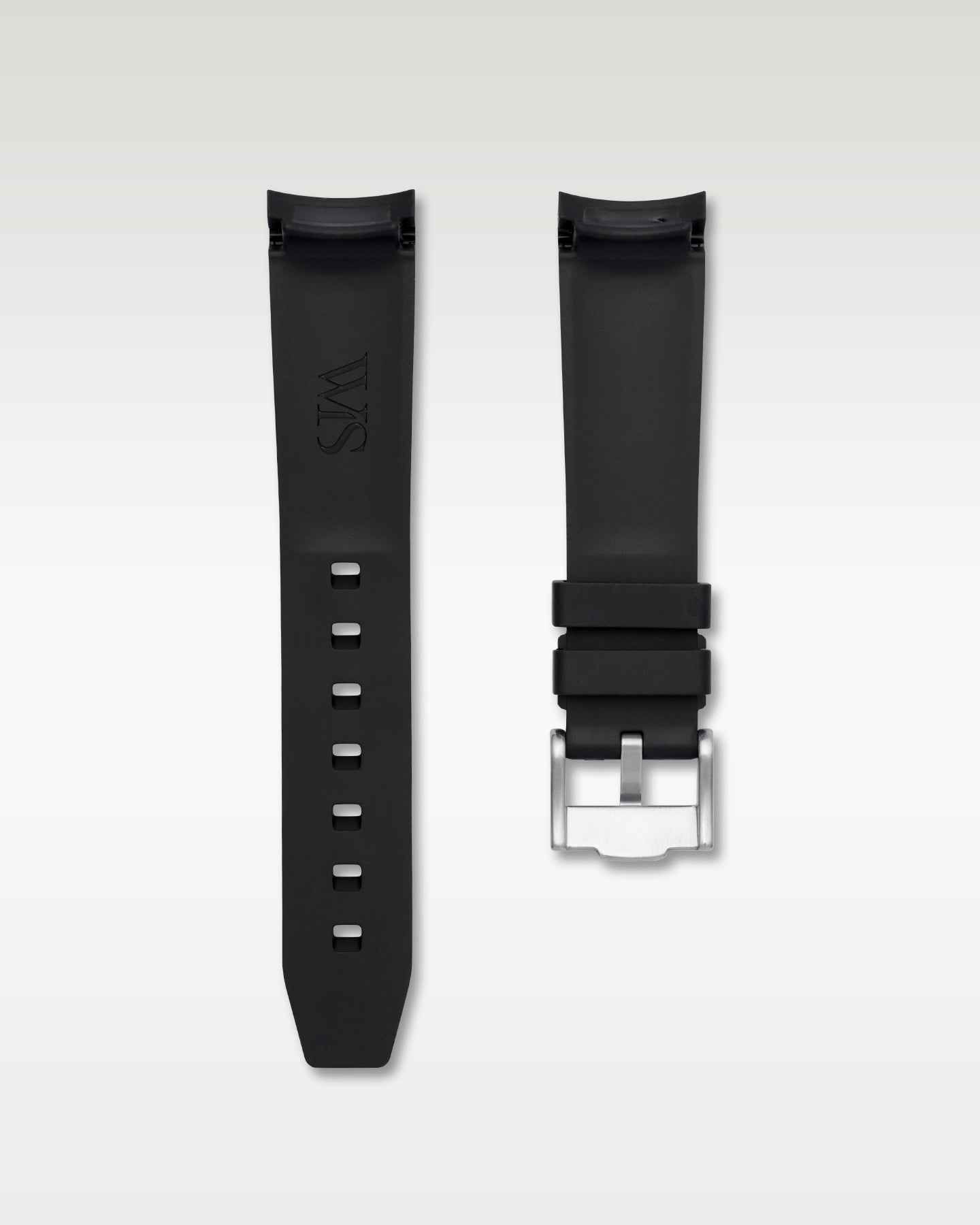 Back view of WISSTRAPS 20mm integrated curved end rubber watch strap in black with green center stripe