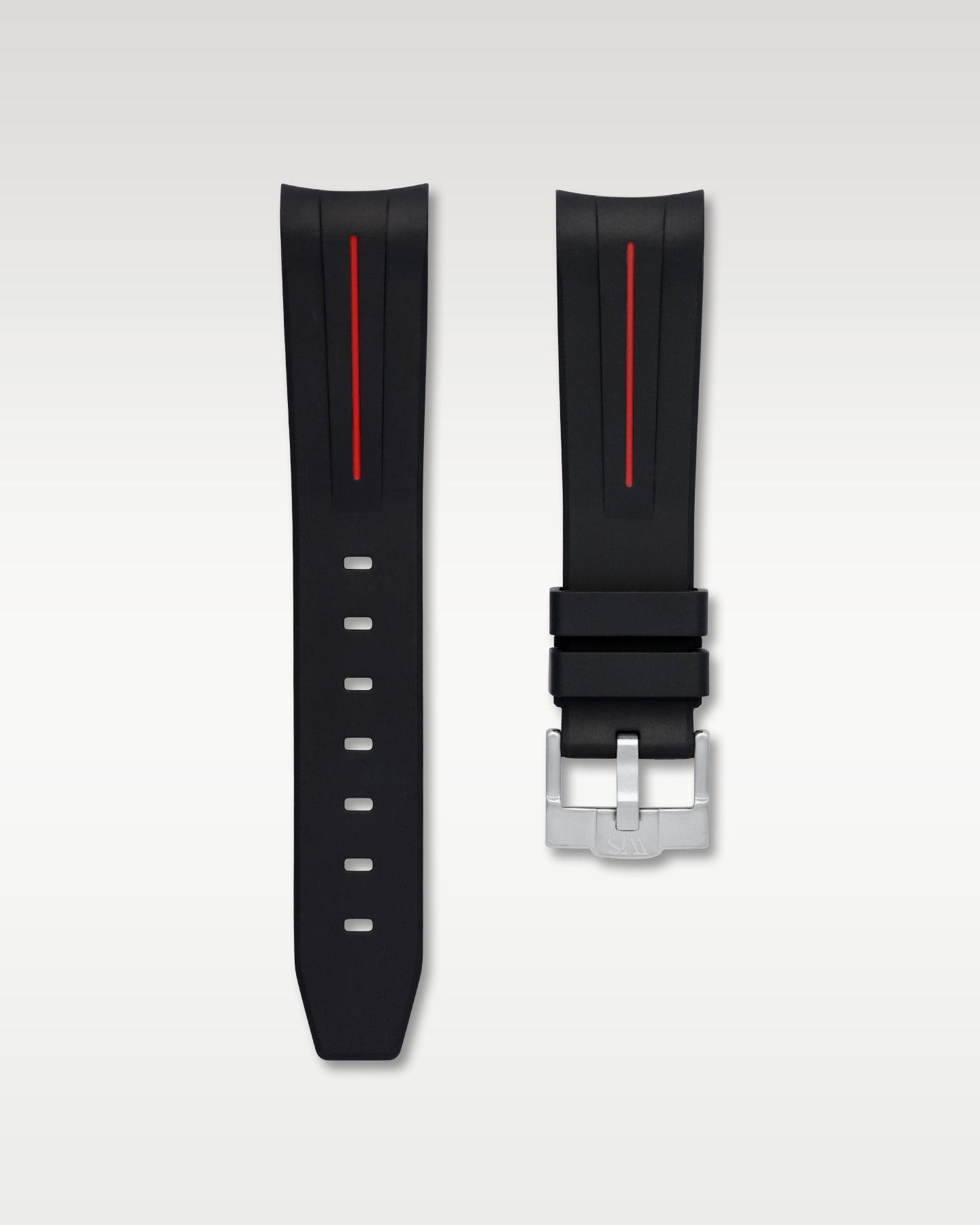 WISSTRAPS 20mm Tuxedo Black curved end rubber watch strap with red stripe and brushed silver buckle